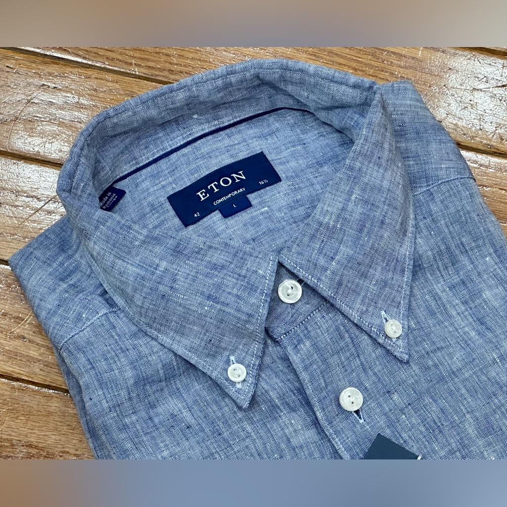 $385 New Eton Linen Dress Shirt M 15.5 39 Contemporary Fit Blue